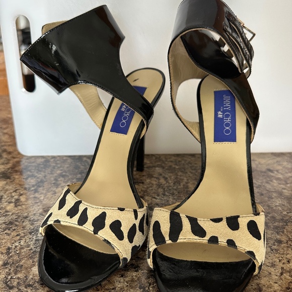 RARE Jimmy Choo x H&M sandals heels Size 38 - Black ankle cuff, dalmatian print - Picture 1 of 10